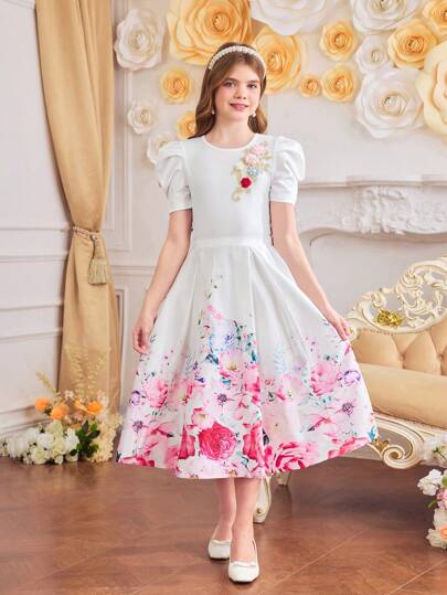 girls-sets 2قطعة/مجموعة تي شيرت أكمام منفوشة مطرز بالزهور وتنورة مطبوعة بالأزهار شبابية أنيقة للبنات المراهقات
