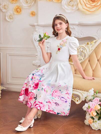 girls-sets 2قطعة/مجموعة تي شيرت أكمام منفوشة مطرز بالزهور وتنورة مطبوعة بالأزهار شبابية أنيقة للبنات المراهقات