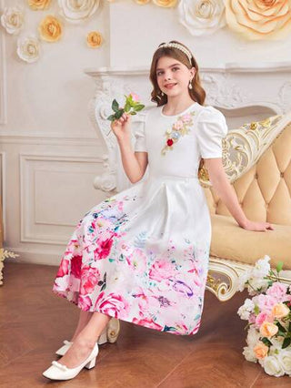 girls-sets 2قطعة/مجموعة تي شيرت أكمام منفوشة مطرز بالزهور وتنورة مطبوعة بالأزهار شبابية أنيقة للبنات المراهقات