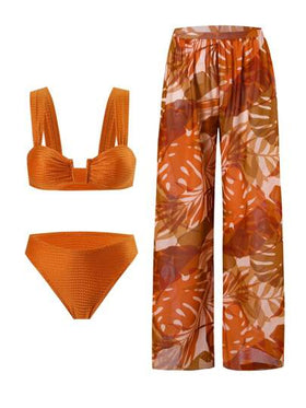 Swim Oasis مجموعة ملابس نسائية لأيام الربيع الحارة - 3 قطع شامل: توب ظهر مفتوح بقصة رقبة على شكل حرف U، بنطال شبك مطبوع فاخر للشاطئ، ملابس سباحة بطراز بوهيمي مناسبة للأعياد
