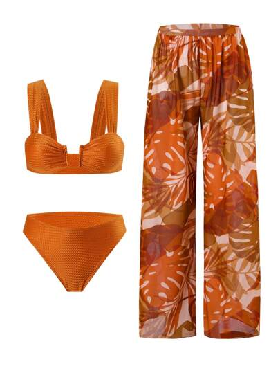 Swim Oasis مجموعة ملابس نسائية لأيام الربيع الحارة - 3 قطع شامل: توب ظهر مفتوح بقصة رقبة على شكل حرف U، بنطال شبك مطبوع فاخر للشاطئ، ملابس سباحة بطراز بوهيمي مناسبة للأعياد
