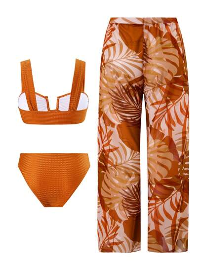 Swim Oasis مجموعة ملابس نسائية لأيام الربيع الحارة - 3 قطع شامل: توب ظهر مفتوح بقصة رقبة على شكل حرف U، بنطال شبك مطبوع فاخر للشاطئ، ملابس سباحة بطراز بوهيمي مناسبة للأعياد