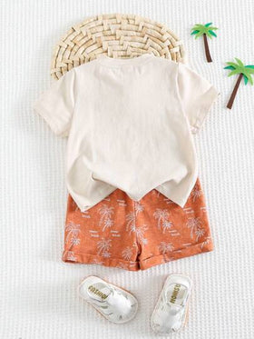 Cozy Pixies مجموعة ملابس علوية وشورت مطبوع بزهور لأطفال الذكور، ملابس علوية بياقة طاقم، وشورت بخصر مطاطي، قماش ناعم وله لمسة لونية متباينة، قطعتان
