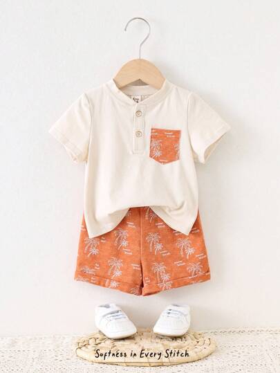 Cozy Pixies مجموعة ملابس علوية وشورت مطبوع بزهور لأطفال الذكور، ملابس علوية بياقة طاقم، وشورت بخصر مطاطي، قماش ناعم وله لمسة لونية متباينة، قطعتان