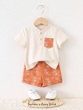 Cozy Pixies مجموعة ملابس علوية وشورت مطبوع بزهور لأطفال الذكور، ملابس علوية بياقة طاقم، وشورت بخصر مطاطي، قماش ناعم وله لمسة لونية متباينة، قطعتان