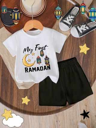 بوركم إطار مبكر رمضان، طقم تي شيرت كاجوال بياقة مستديرة وأكمام قصيرة خفيفة الوزن مناسبة للصيف، للأطفال الصبيان