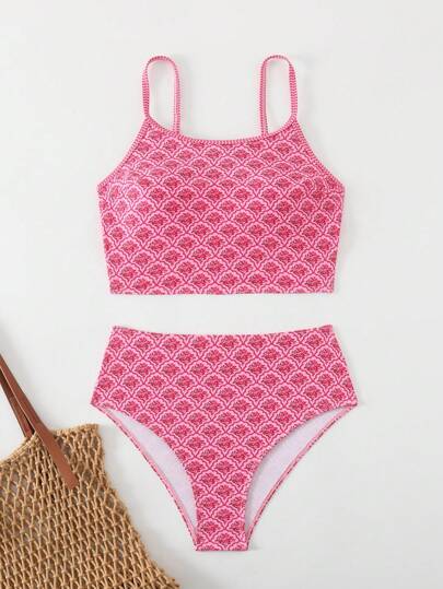 طقم تانكيني حريمي Swim Mod طقم ملابس سباحة بناتي عشوائي الطباعة، عالي الخصر بسيرتين، قميص بحملات خفيفة، ملابس سباحة عطلة شاطئ