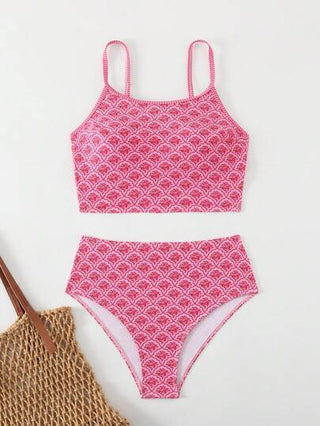 طقم تانكيني حريمي Swim Mod طقم ملابس سباحة بناتي عشوائي الطباعة، عالي الخصر بسيرتين، قميص بحملات خفيفة، ملابس سباحة عطلة شاطئ