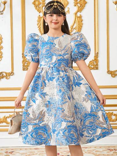 SHEIN فستان قصير مضلع الأكمام مناسب لفتيات المراهقات،قماش جاكار