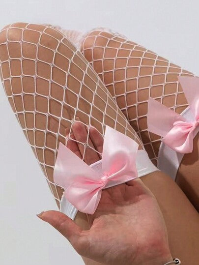 زوج من الجوارب الطويلة الجذابة للنساء المزينة بالشريطة، جوارب وردية جميلة تصل إلى الفخذ، زي موحد لسكوبلاي لوليتا