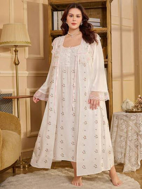 PalaceNights مجموعة ثوب نوم وردة ذات تطريز ثقيل بطراز قصر قديم للنساء ذوات الحجم الكبير، ملابس خريف وشتاء