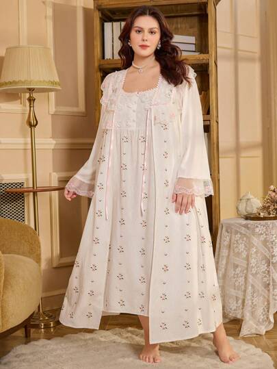 PalaceNights مجموعة ثوب نوم وردة ذات تطريز ثقيل بطراز قصر قديم للنساء ذوات الحجم الكبير، ملابس خريف وشتاء