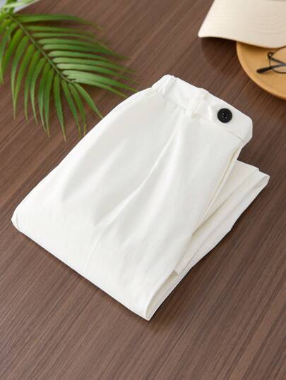 SHEIN بنطلون أبيض للصبي الصغير مع تصميم إبزيم الخصر، مناسب لمناسبات الحفلات والمهرجانات والتجمعات