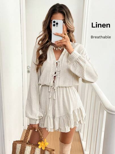 SHEIN Frenchy بدلة طويلة بياقة حريرية على شكل V للنساء مع أكمام طويلة وربطة أمامية، لموسم الخريف