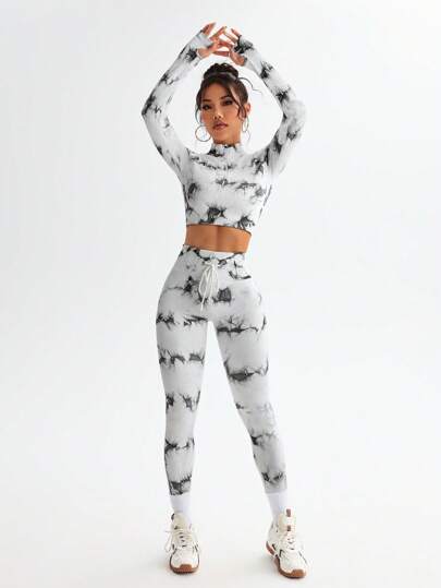 Seamluxe SHEIN Sport طقم رياضي 2 قطعة - توب أكمام طويلة مناسب والسراويل طويلة، تصميم بسيط وأنيق للارتداء اليومي العادي