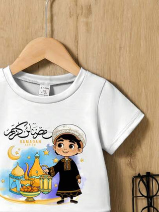 طقم ملابس رياضي وكاجوال مرن وبسيط مطبوع مناسبة للأطفال الصبية 2 قطعة ، مناسبة للاستخدام في الخارج ، الربيع والصيف