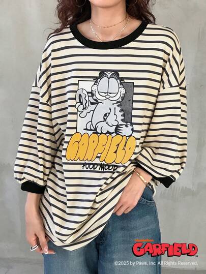 Garfield X FRIFUL ملابس علوية تي شيرت نسائي قصير الأكمام مطبوع بخطوط وحروف، ملابس علوية صيفية كاجوال جميلة، تي شيرت مطبوع بتصميمات جرافيك أكمام طويلة