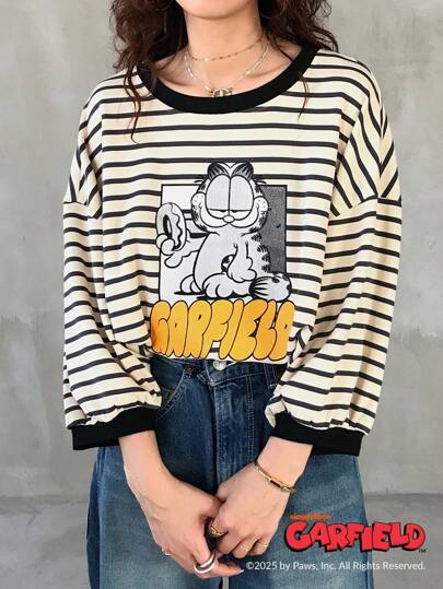 Garfield X FRIFUL ملابس علوية تي شيرت نسائي قصير الأكمام مطبوع بخطوط وحروف، ملابس علوية صيفية كاجوال جميلة، تي شيرت مطبوع بتصميمات جرافيك أكمام طويلة