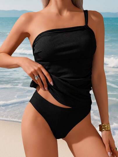 طقم تانكيني حريمي Swim Lushoire طقم ملابس السباحة للمرأة 2 قطعة، لون أحادي غير متماثل الياقة مع كشكشة البطن، قطعة واحدة تنكيني من قماش مريح، مناسب لعطلات الصيف والشاطئ والسباحة