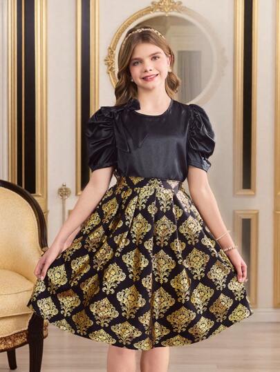 girls-sets مجموعة تتكون من قطعتين للفتيات البالغات: ملابس علوية ملابس علوية مزين بفيونكة سوداء ساتان ذات نمط عربي فاخر وتنورة ناقوسية معدنية، مناسبة للاستخدام اليومي، العطلات، الحفلات، التجمعات العائلية، فصل الربيع/الصيف