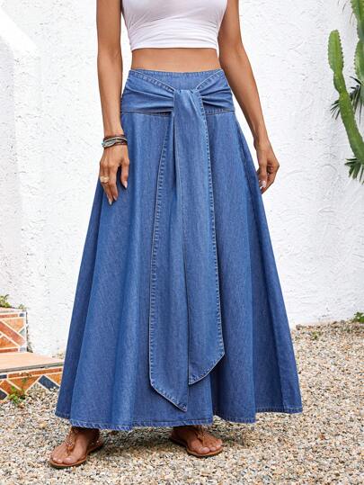 EMERY ROSE تنورة جينز للنساء طويلة فضفاضة عطلة يومية، تنورة طويلة أزرق بيجة فيونكة، ملابس عطلة يومية كاجوال للربيع والصيف، ملابس غربية للنساء، تنورة حفل موسمي ذات طراز بوهيمي وكاوبوي وبوهو