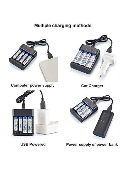 1 قطعة شاحن USB (البطاريات غير مشمولة) 4 فتحات للشحن المستقل، مناسب لبطاريات قابلة للشحن AA/AAA Ni-MH
