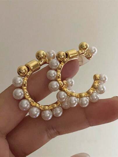 زوج من أقراط اللؤلؤ المعدنية على شكل حرف C، مبالغ فيه على الطراز الأوروبي والأمريكي، أقراط شخصية يمكن ارتداؤها بطريقتين، إكسسوارات مجوهرات للنساء للحفلات والزفاف