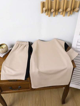 SHEIN مجموعة من تي شيرت كمان اكم قصير وشورت خصر مطاطي، مناسبة للمراهقين، من قماش ناعم مريح، بطبعات ألوان متباينة، مناسبة للربيع والصيف والخريف، لارتداء اليومي، الأنشطة الخارجية، المدرسة، نمط الشارع، الحفلات والترفيه
