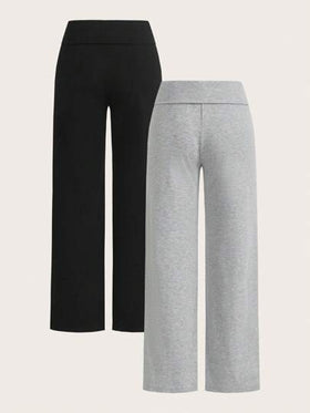 SHEIN EZwear 2 حبة بنطلون نسائي بخصر مرتفع واسع الساق مستقيم الساق مناسب للصيف