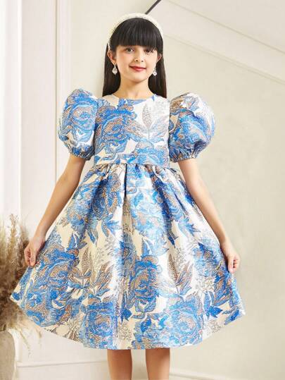SHEIN فستان قصير مضلع الأكمام مناسب لفتيات المراهقات،قماش جاكار