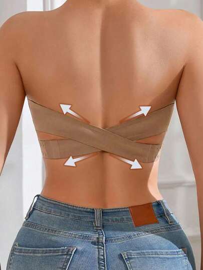 مجموعة ملابس داخلية نسائية بحمالات غير مرئية وأكواب مبطنة، بسوبتوب (قمصان بدون أكتاف) إغلاق جانبي، بانديو بتصميم متقاطع ظهر مفتوح، بسيط مريح، بليت دفع للأعلى