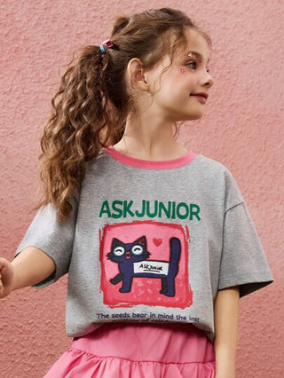 ملابس بناتي ASK JUNIOR تي شيرت كاجوال كم قصير للبنات المراهقات، طباعة رسومية جميلة على الرقبة المستديرة