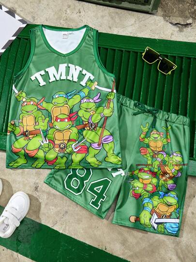 ملابس رياضية أطفال TEENAGE MUTANT NINJA TURTLES X  مجموعة رياضية كاجول من شورت وتانك توب مطبوع عليه رسوم كرتونية للأولاد المراهقين ، اللون أخضر، قطعتان