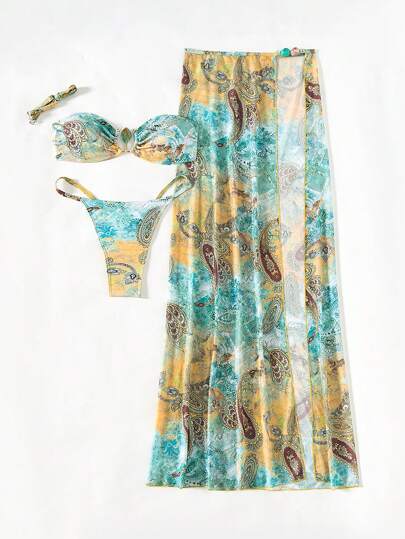 Swim SXY مجموعة من 3 قطع من ملابس السباحة للنساء، أزياء صيف للشاطئ والمهرجانات والطراز البوهيمي، طباعة بألوان عشوائية، بكينى به اكسسوارات معدنية وتنورة بشق عال كغطاء للشاطئ