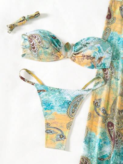 Swim SXY مجموعة من 3 قطع من ملابس السباحة للنساء، أزياء صيف للشاطئ والمهرجانات والطراز البوهيمي، طباعة بألوان عشوائية، بكينى به اكسسوارات معدنية وتنورة بشق عال كغطاء للشاطئ