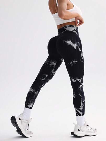 SHEIN Core Rhythm سروال رياضي نسائي مطاطي مرن بتصميم صباغة التعادل، خصر عالي، قماش مرن وناعم للغاية، قابل للتنفس، مناسب للركض والدراجات والرياضات اليوغا وبيكليبول والأنشطة اليومية