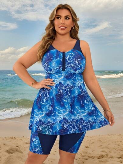 Swim Lushoire مجموعة تانكيني للنساء كبيرة الحجم مطبوعة بطباعة الصباغة بالربط، ملابس السباحة لإجازة الشاطئ، للعطلة الصيفية