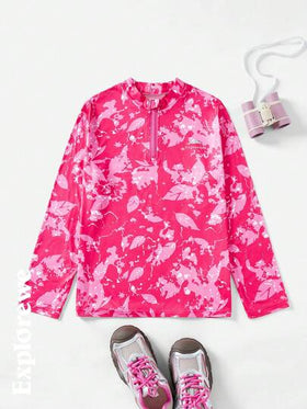 SHEIN تي شيرت كاجوال أكمام طويلة بسحاب أمامي مطبوع للمراهقات
