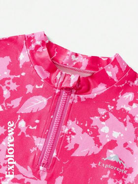 SHEIN تي شيرت كاجوال أكمام طويلة بسحاب أمامي مطبوع للمراهقات