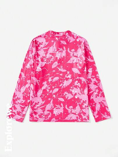 SHEIN تي شيرت كاجوال أكمام طويلة بسحاب أمامي مطبوع للمراهقات
