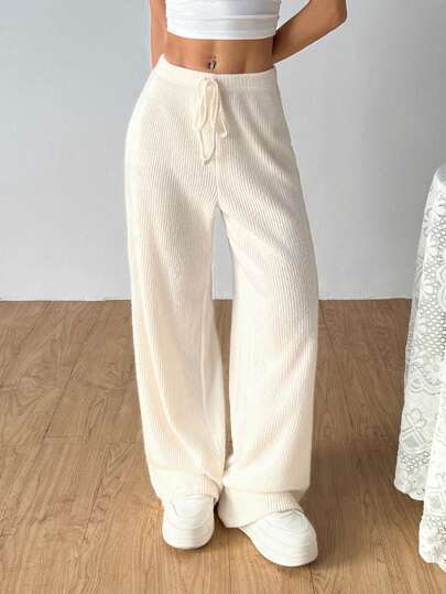 SHEIN EZwear سراويل نسائية بقصة فضفاضة وساق واسعة ذات لون أحادي للاستخدام اليومي