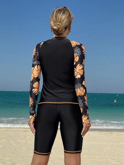 طقم تانكيني حريمي Swim SPRTY مجموعة 3 قطع: سراويل 5 نقاط مطبوعة، ملابس علوية رياضية ضيقة بدون أكمام، غطاء طويل الأكمام مع سوستة للشاطئ، ملابس السباحة، بذلة التزلج على الأمواج، تغطية متواضعة، قياس ضيق، للعطلات الصيفية