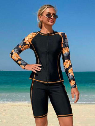 طقم تانكيني حريمي Swim SPRTY مجموعة 3 قطع: سراويل 5 نقاط مطبوعة، ملابس علوية رياضية ضيقة بدون أكمام، غطاء طويل الأكمام مع سوستة للشاطئ، ملابس السباحة، بذلة التزلج على الأمواج، تغطية متواضعة، قياس ضيق، للعطلات الصيفية
