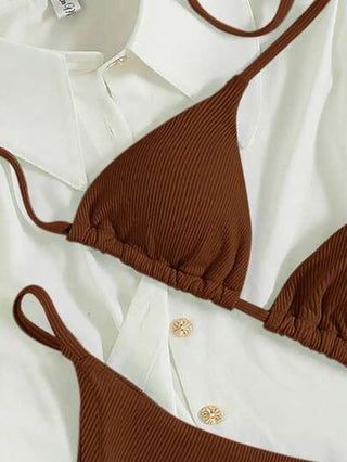 Swim طقم بكيني نسائي من قطعتين بياقة عالية أحادي اللون ، ملابس شاطئ
