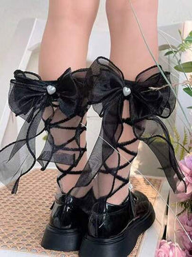 زوج جوارب شفافة مزينة بالنقاط البلورية والكشكشة والفيونكة بطراز ياباني لفصل الصيف