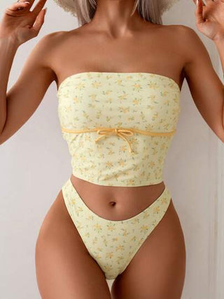 طقم تانكيني حريمي Swim 2 قطعة ملابس علوية حمالات رفيعة مع نقشات زهور عشوائية وسروال بيكيني ذو خصر عالي للنساء في فصل الصيف