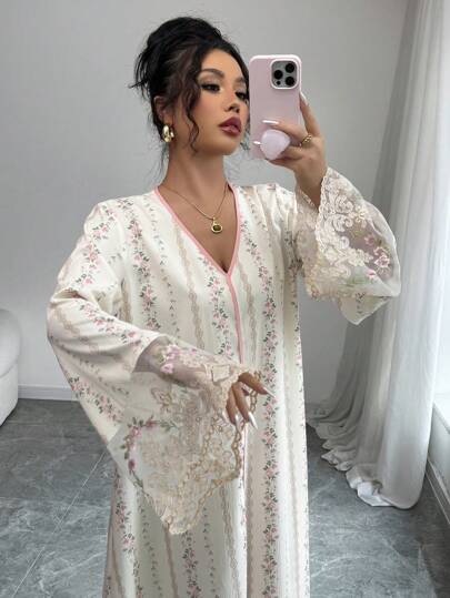 Yasmyna فستان نسائي فضفاض بتصميم عربي ، مرقع الأكمام بطبعات منسوجة