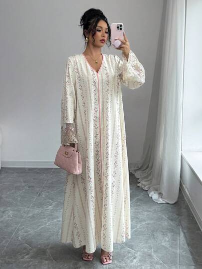 Yasmyna فستان نسائي فضفاض بتصميم عربي ، مرقع الأكمام بطبعات منسوجة