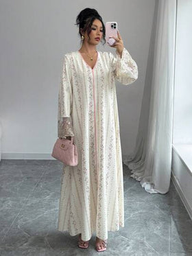 Yasmyna فستان نسائي فضفاض بتصميم عربي ، مرقع الأكمام بطبعات منسوجة