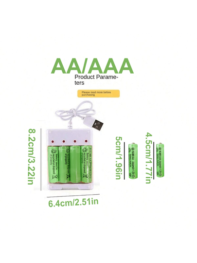 بطاريات قابلة للشحن سعة 2000 مللي أمبير في الساعة AAA و AA بجهد 1.2 فولت مع شاحن USB مخصص وحماية من الدائرة القصيرة (الشاحن مناسب فقط لشحن هذه البطارية)